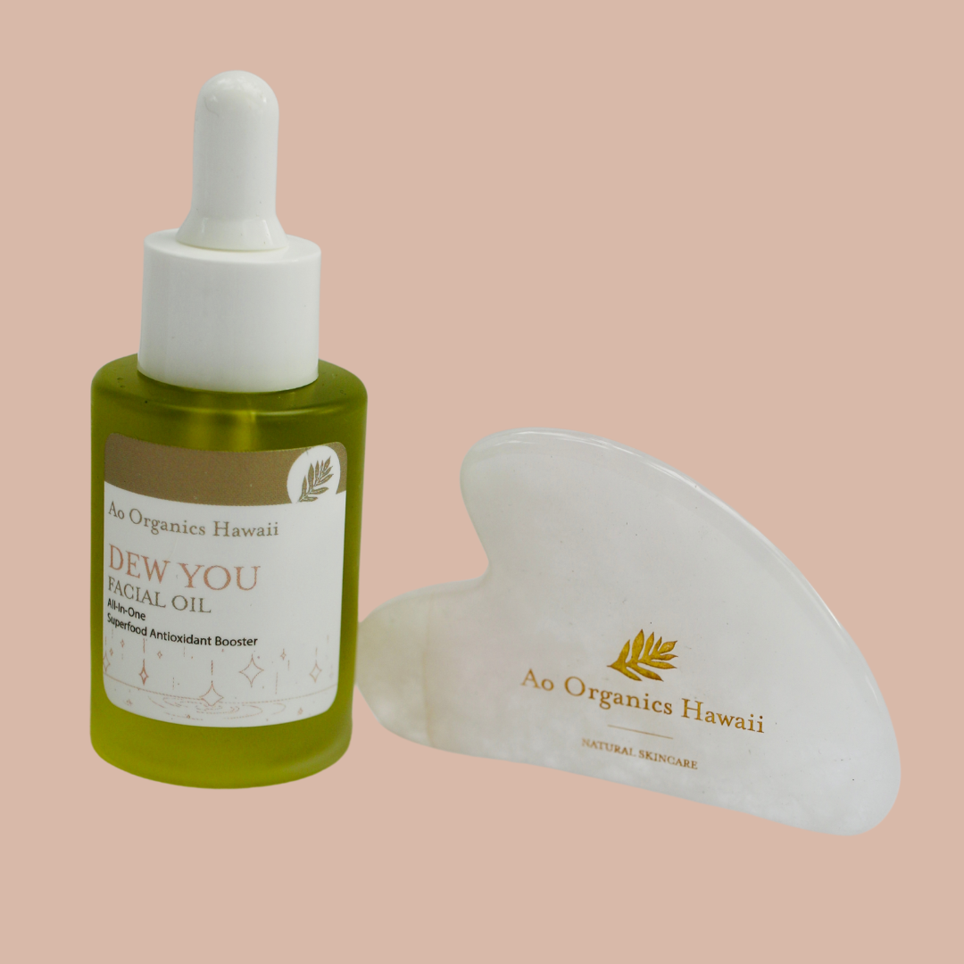 Dew You Facial Oil + Rose Quartz Gua Sha Ao Organics Hawaii